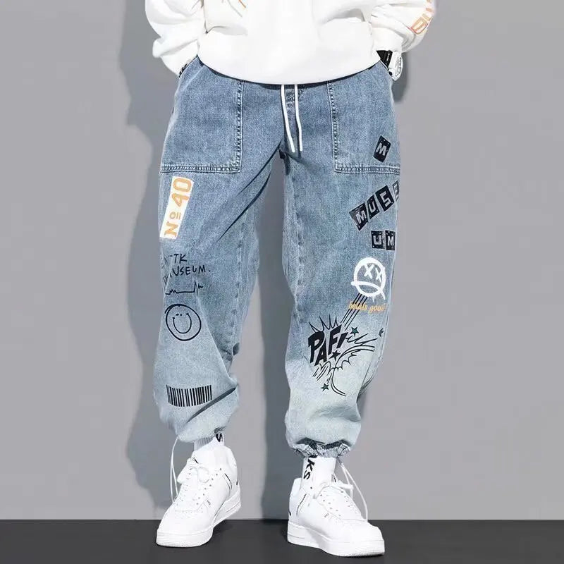 Print Jeans Loose Cartoon Graffiti Drawstring Trousers Hip Hop Trend Casual Streetwear Jogging Pants