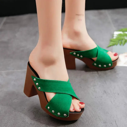 Platform Flock Casual Rivet Pumps