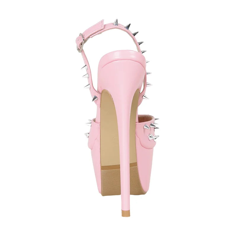 Metal Rivet Open Toe Pink High Heels Platform