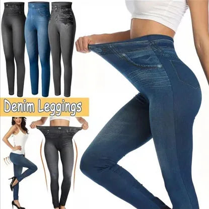 Vintage Elastic Imitation Denim Leggings High Waist Slim Fit Hip Leggings Women&