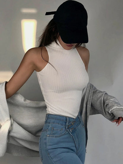 Turtleneck Casual Tee Female Sleeveless Cropped Vest