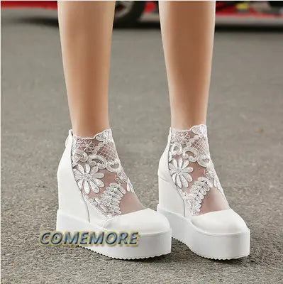 Lace Shoes Wedge Heels Platform Pumps