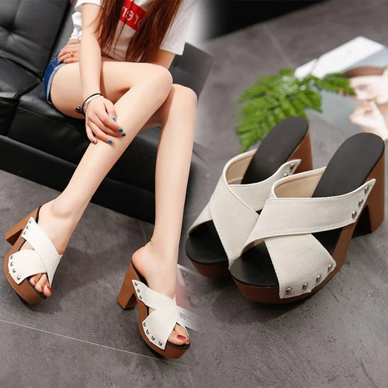 Platform Flock Casual Rivet Pumps