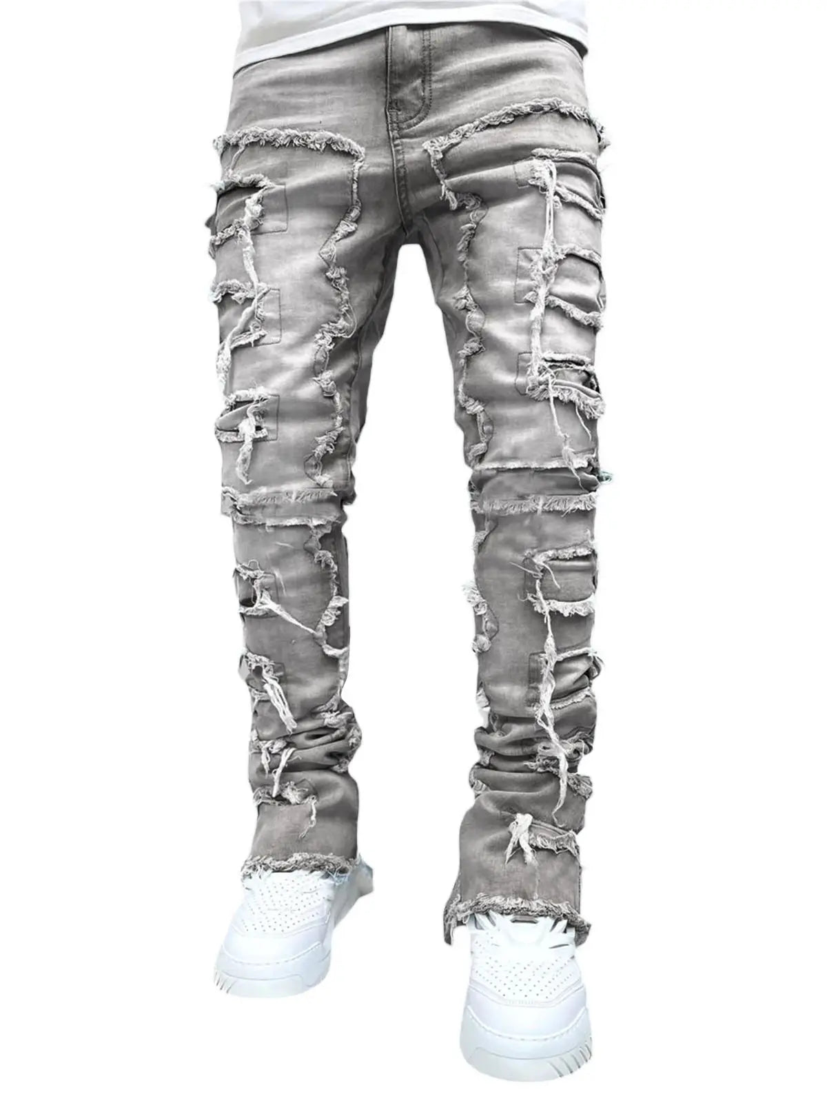 Ripped Slim Fit Patch Distressed Destroyed Straight Denim Pants