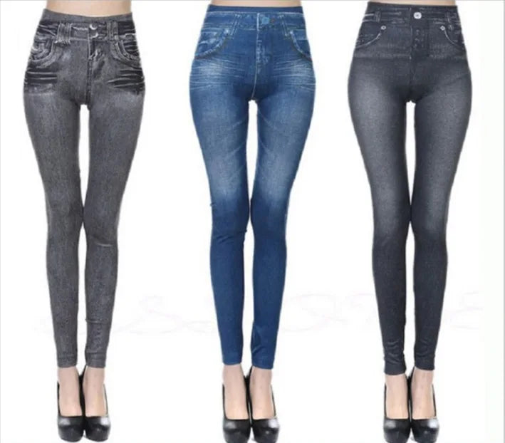 Vintage Elastic Imitation Denim Leggings High Waist Slim Fit Hip Leggings Women&