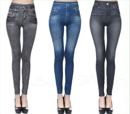 Vintage Elastic Imitation Denim Leggings High Waist Slim Fit Hip Leggings Women&