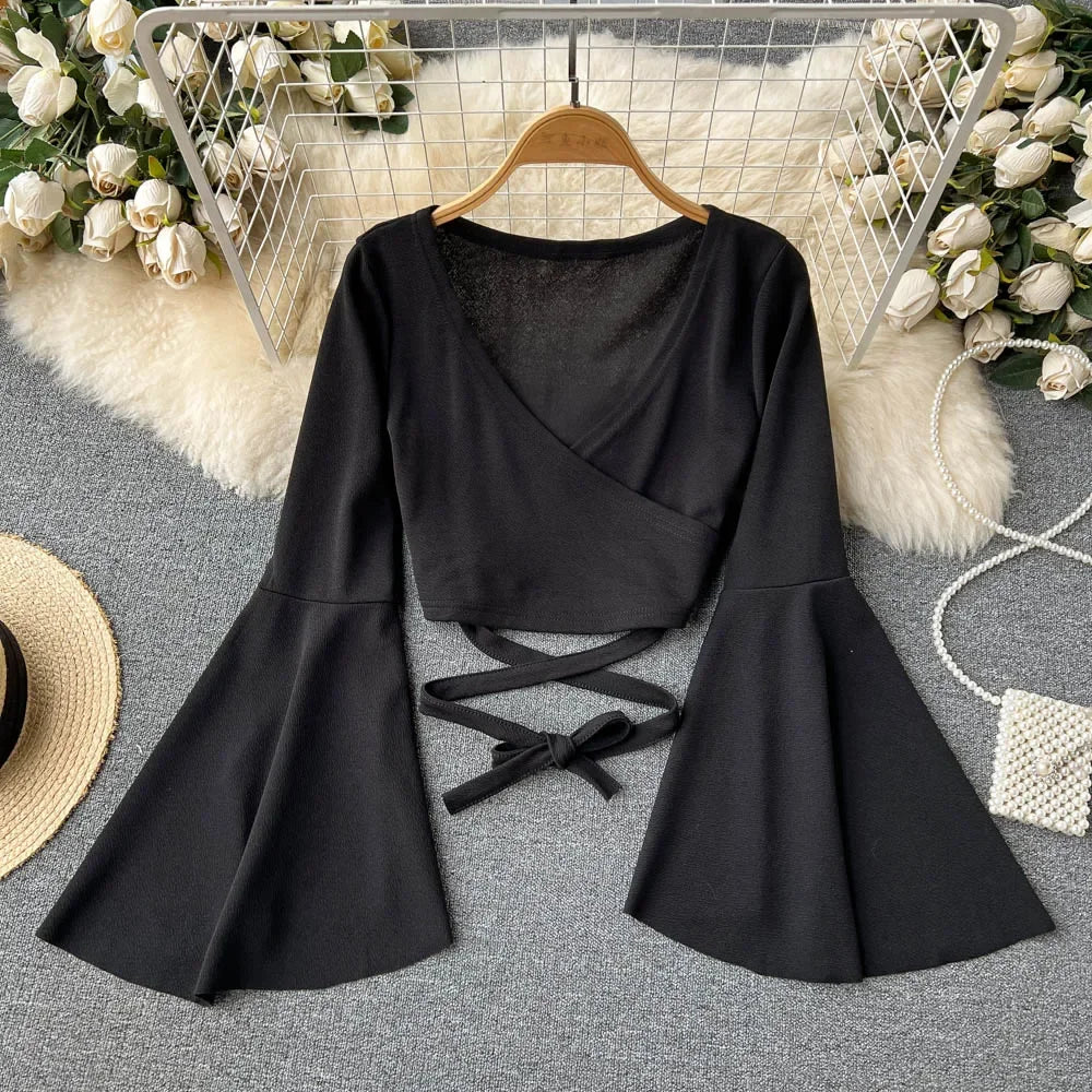 Sexy Flare Long Sleeve shirt Elegant Criss-cross Bandage Top