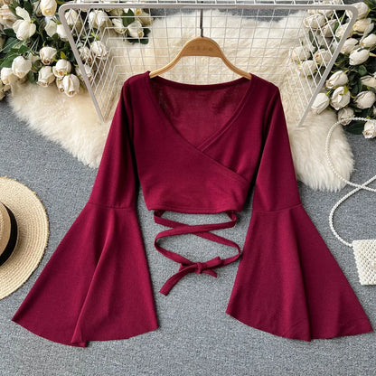 Sexy Flare Long Sleeve shirt Elegant Criss-cross Bandage Top