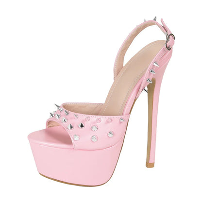 Metal Rivet Open Toe Pink High Heels Platform