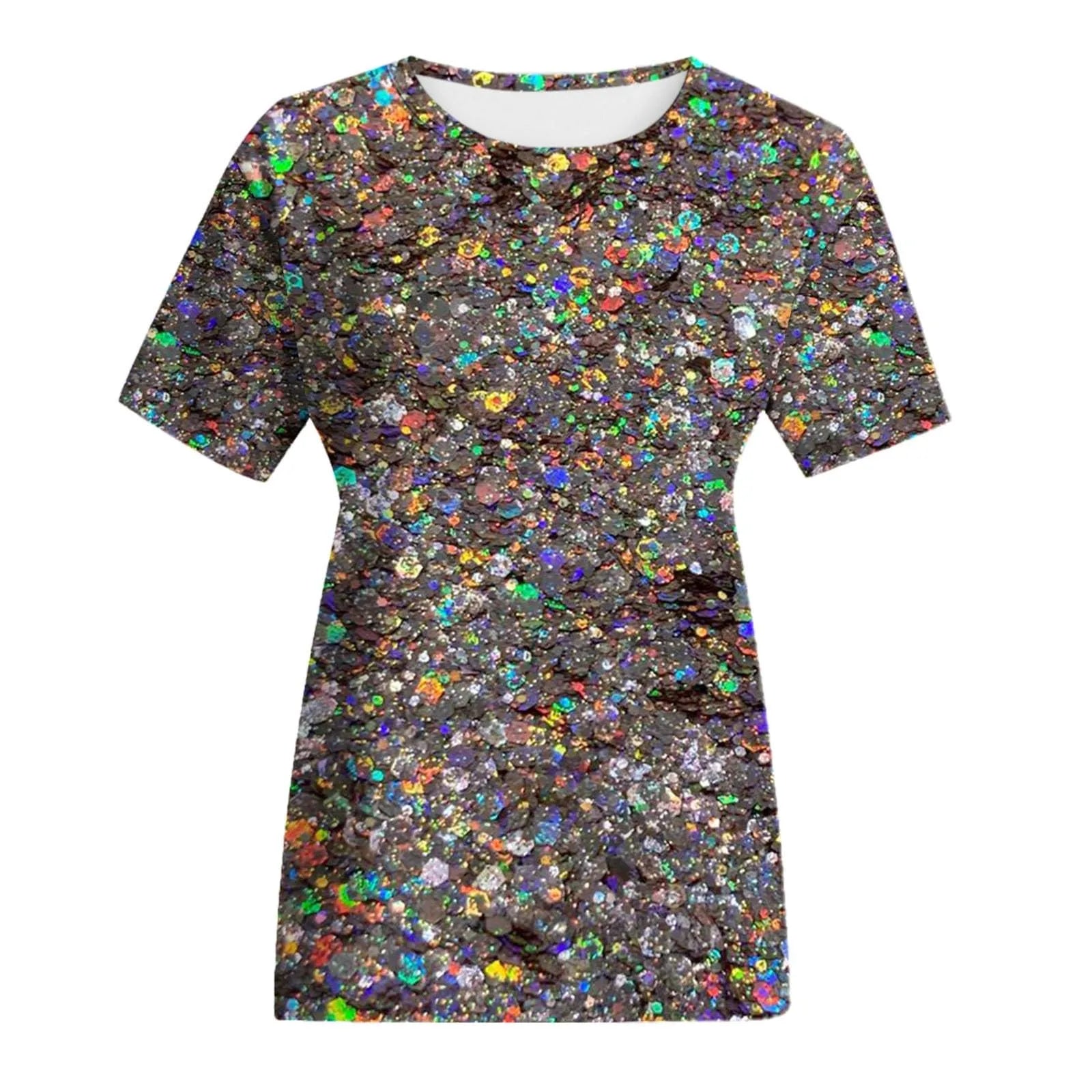 Shiny Sequins T-Shirts Crew Neck Loose Casual Short Sleeve Top