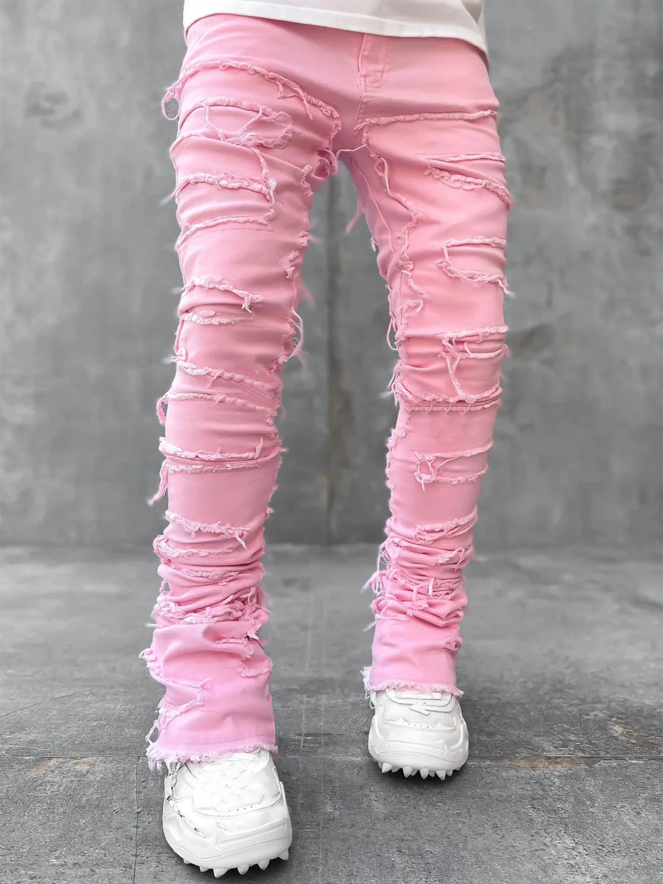 Ripped Slim Fit Patch Distressed Destroyed Straight Denim Pants