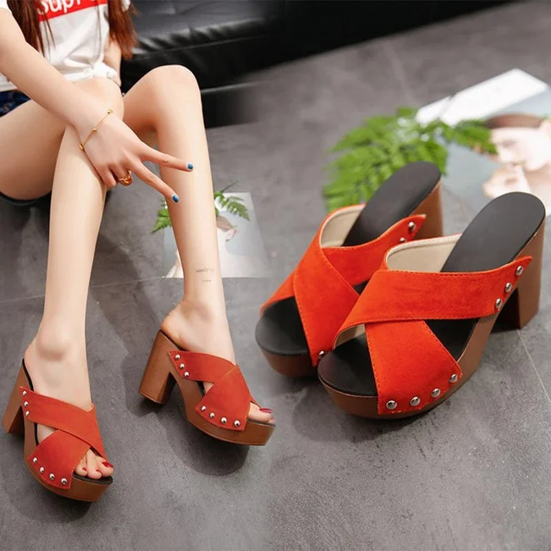 Platform Flock Casual Rivet Pumps