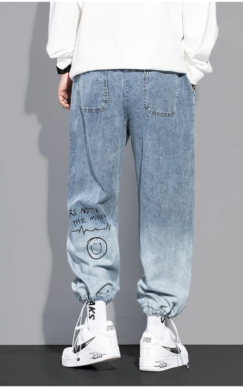 Print Jeans Loose Cartoon Graffiti Drawstring Trousers Hip Hop Trend Casual Streetwear Jogging Pants