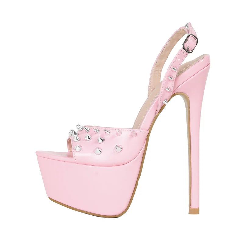 Metal Rivet Open Toe Pink High Heels Platform