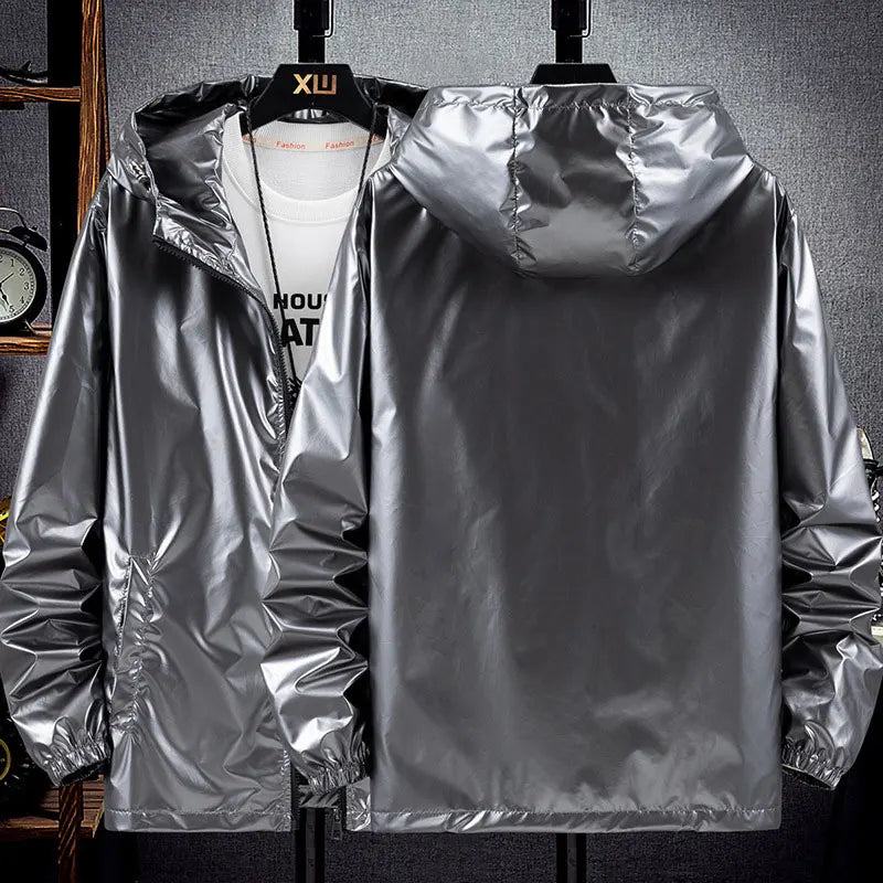 Shiny Jacket Hooded Zipper Jacket Windbreaker Waterproof Coats