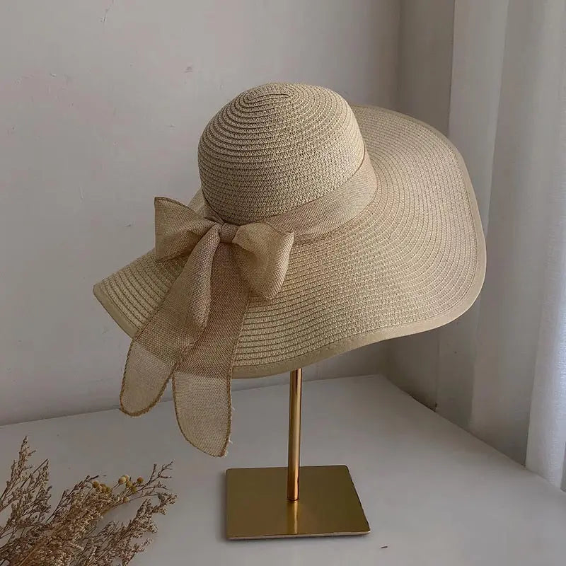 Summer Women Straw Hat Bowknot Wide Brim