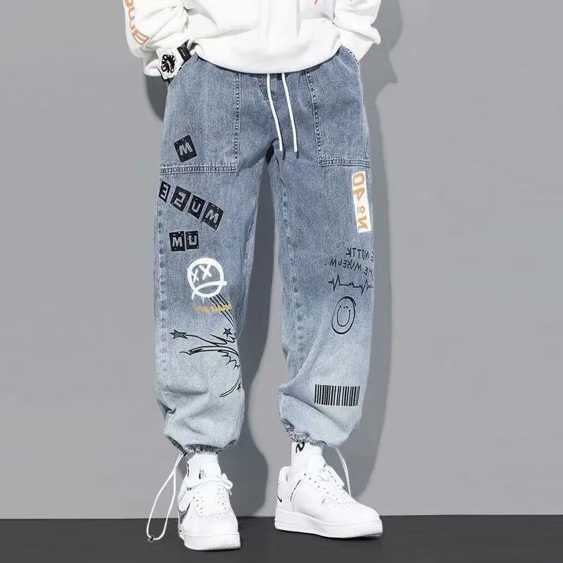 Print Jeans Loose Cartoon Graffiti Drawstring Trousers Hip Hop Trend Casual Streetwear Jogging Pants