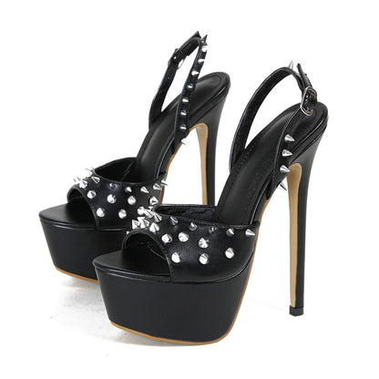 Metal Rivet Open Toe Pink High Heels Platform