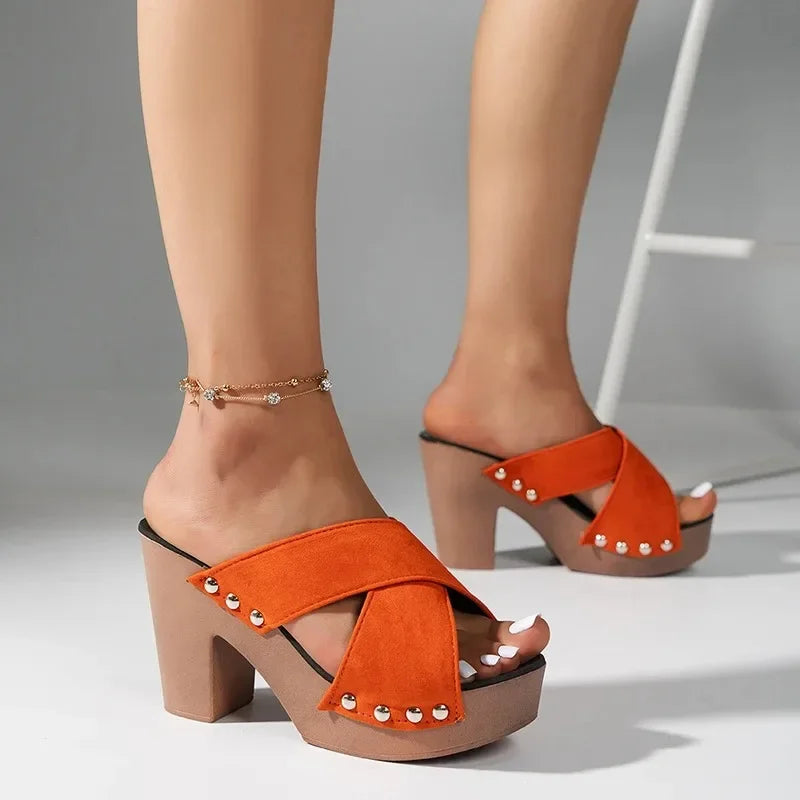 Platform Flock Casual Rivet Pumps